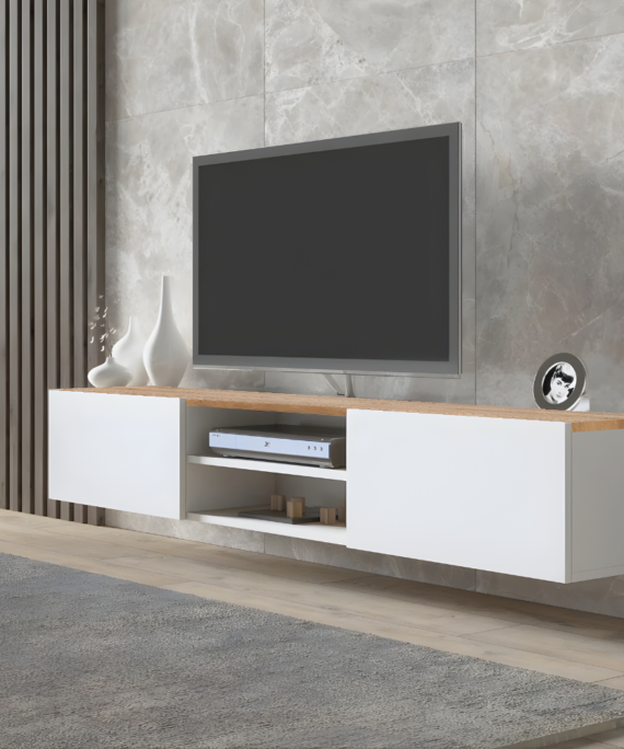 Meuble TV NEGRA 180 cm à 2 portes - Blanc et chêne